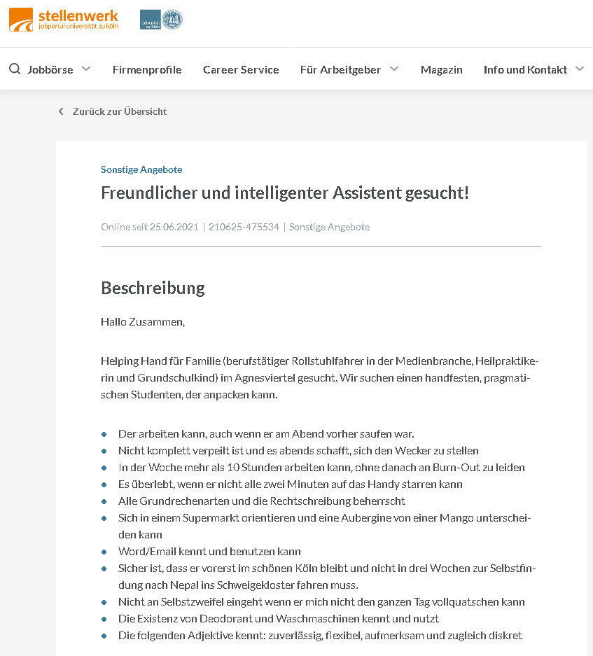 Screenshot einer außergewöhnlichen Stellenanzeige für Assistenz aus dem Stellenwerk